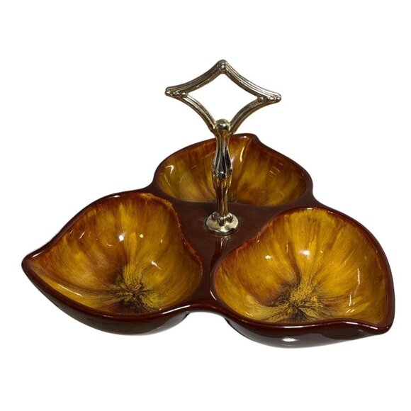 Blue Mountain Pottery Divided Dish w/ Handle Nuts Condiments Harvest Gold MCM - Picture 1 of 10